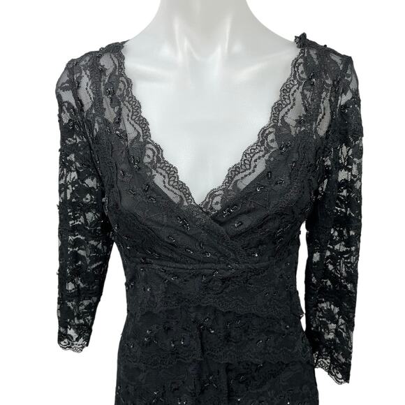 Marina Black Floral Lace Beaded Half Sleeve Knee Length Sheath Dress Size 6 - Picture 4 of 5